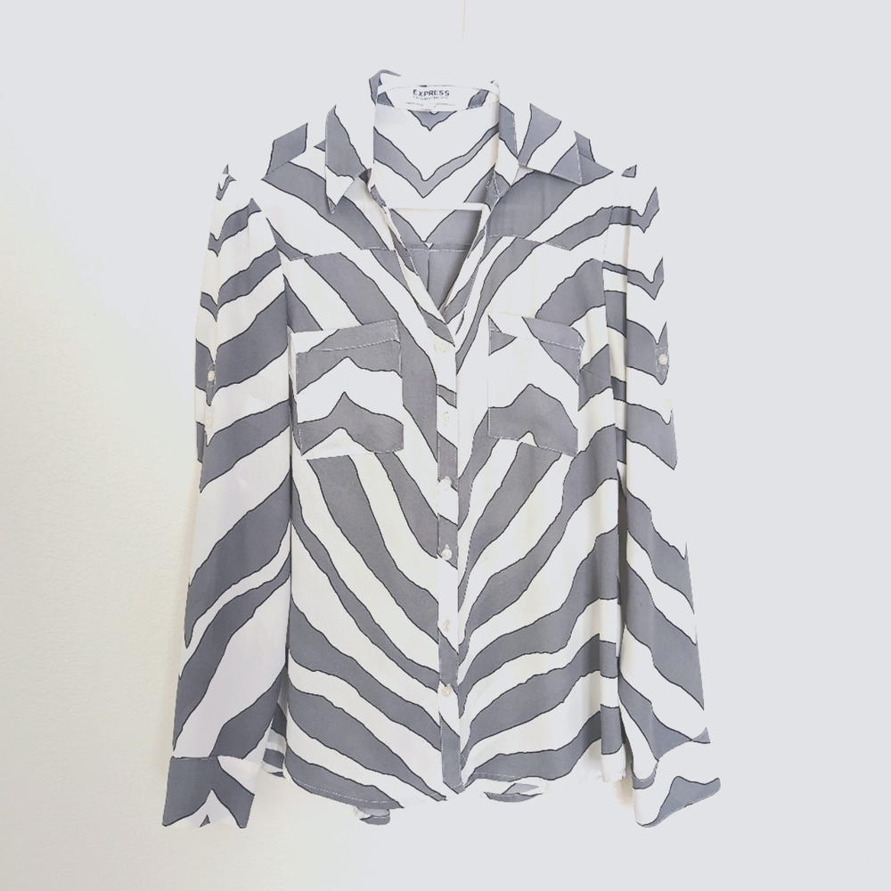 Women's Express grey and white animal print long sleeve button down, size small